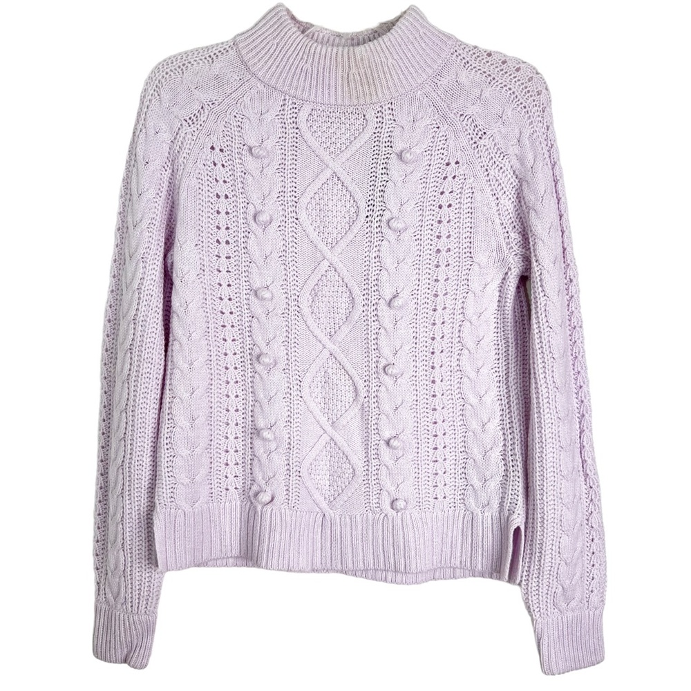 NWT J. Crew Pom Pom Cable Knit Mock Neck Sweater Vintage Lilac Women’s XS *FLAWS